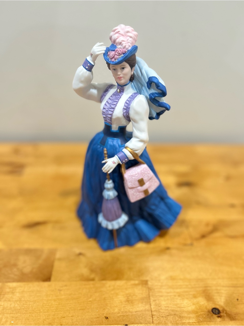 Vintage - Victorian Lady Figurine in Blue with Pink Hat and Purse